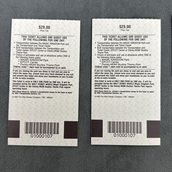 Vintage 1990 Walt Disney World Tickets One Day Transportation Ticket Parking GUC - Picture 6 of 8